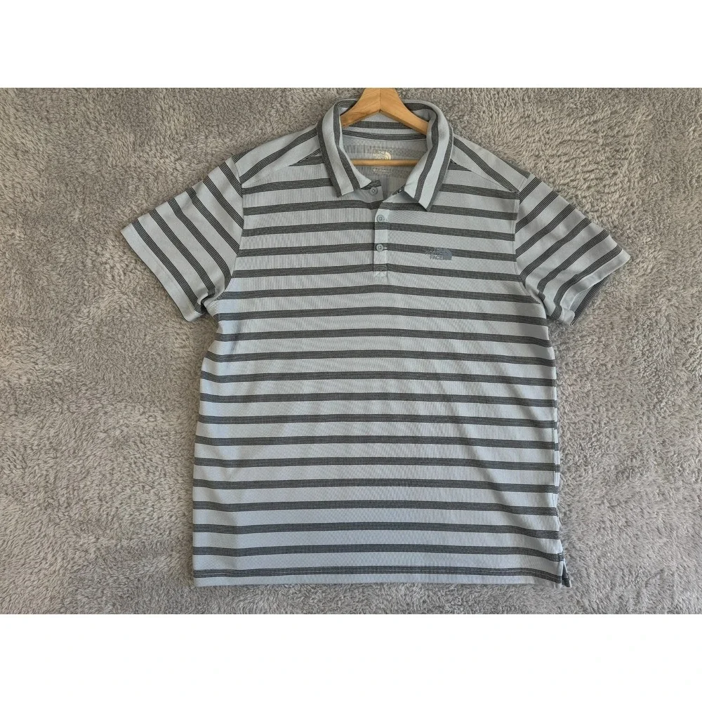 North‎ Face Polo Shirt Mens 2XL Blue Short Sleeve Stripe Wicking Adult XXL